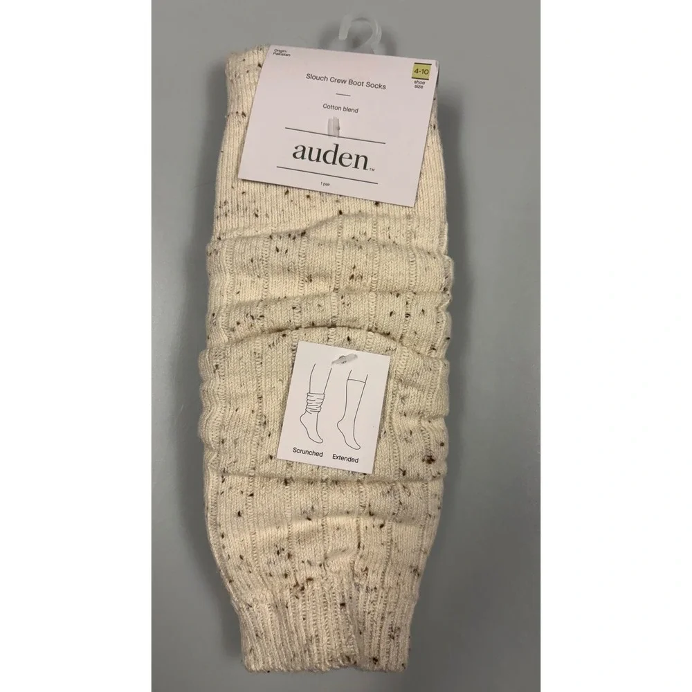 Auden Slouch Crew Boot Socks Sour Cream Speckled Ribbed Cotton Blend 4-10